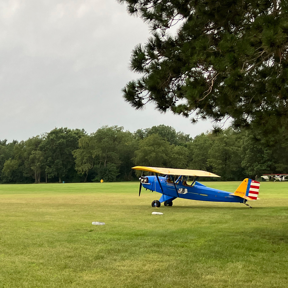 nice blue pietenpol on a grassy field with trees and gray sky