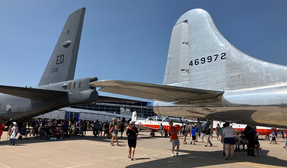 b52 and b59 on display with crowds walking around